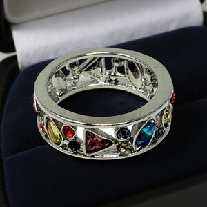 Silver Tone‎ Multicolor Rhinestones Band Ring Size 9.5